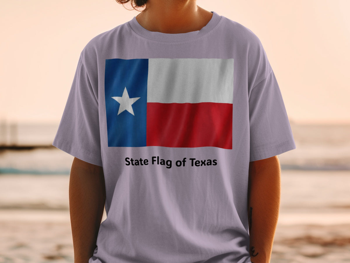 T-shirt featuring the State Flag of Texas with text below.