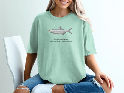 Mint t-shirt with a tarpon illustration and text: "The Fighting Tarpon State Saltwater Fish of Alabama."