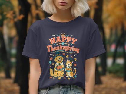 Dark blue t-shirt with "Happy Thanksgiving" text and dog holding turkey, cat holding pie.