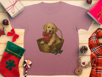 Golden retriever puppy in basket with red bow and cowboy alligator.