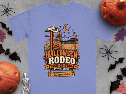 "Halloween Rodeo Trick-or-Treat" graphic with cowboy hat, pumpkin bucket, and moon.