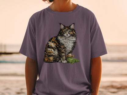 A person wears a purple t-shirt printed with a fluffy calico cat sitting beside a small green alligator wearing a cowboy hat.
