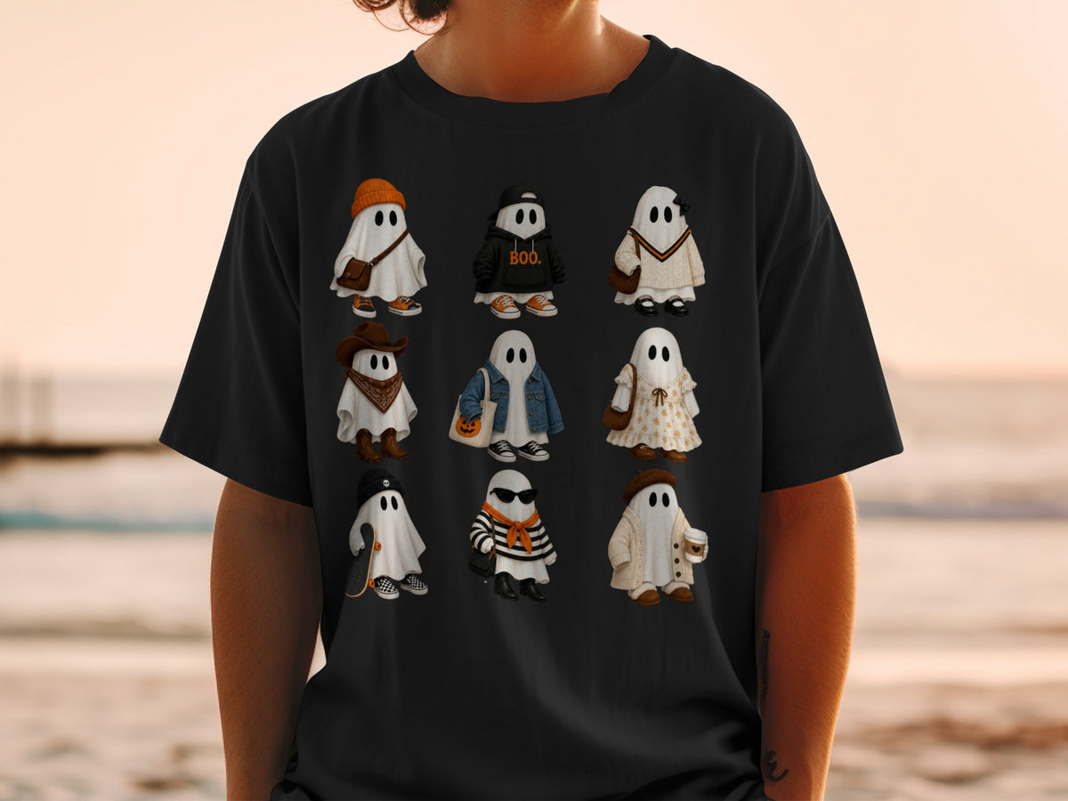 Nine ghosts dressed in various outfits, including "BOO." hoodie, cowboy, and beret.