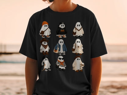 Nine ghosts dressed in various outfits, including "BOO." hoodie, cowboy, and beret.