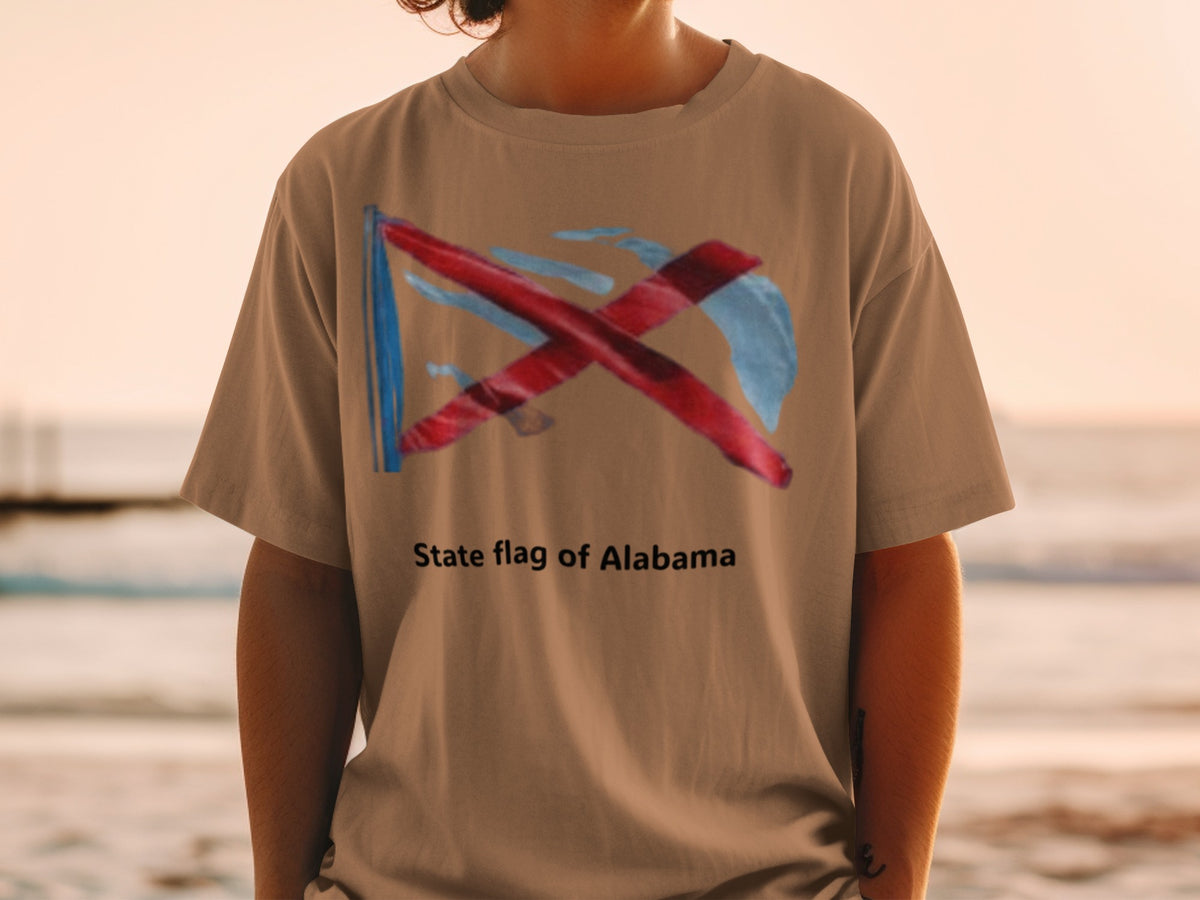 Brown t-shirt with abstract Alabama flag design and text.