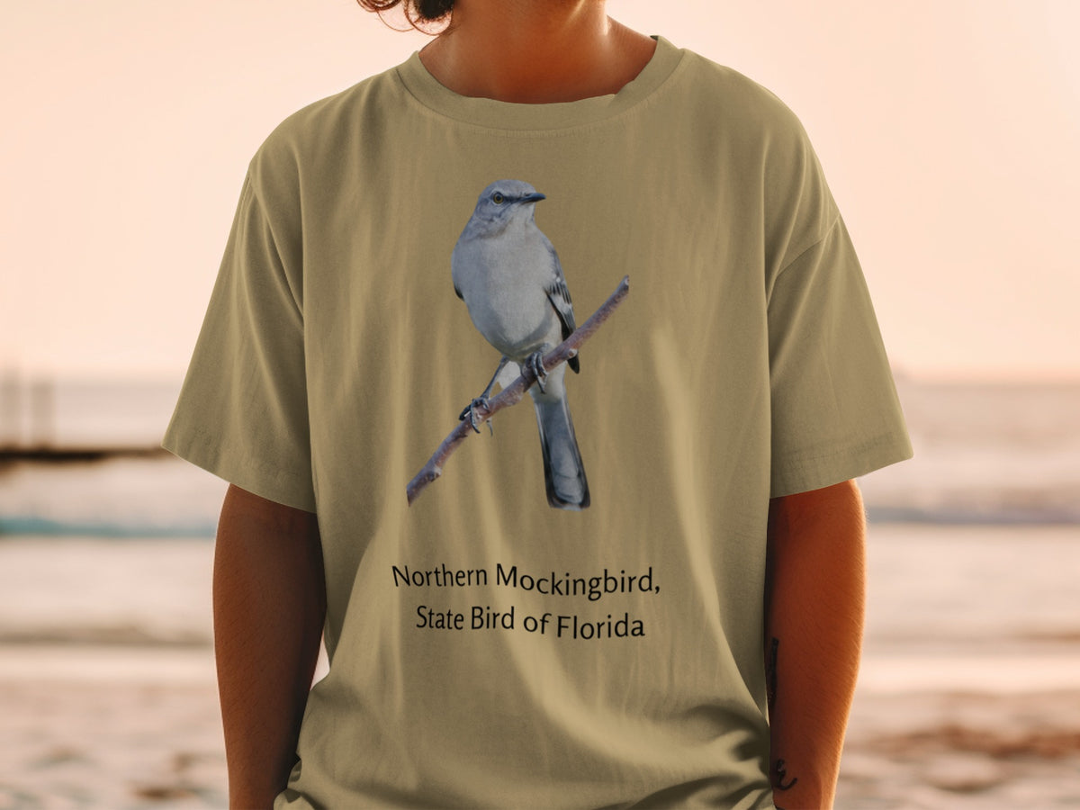 T-shirt with Northern Mockingbird, State Bird of Florida graphic.