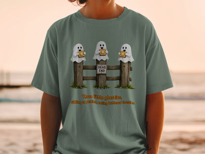 Three cartoon ghosts sitting on fence posts eating buttered toast.