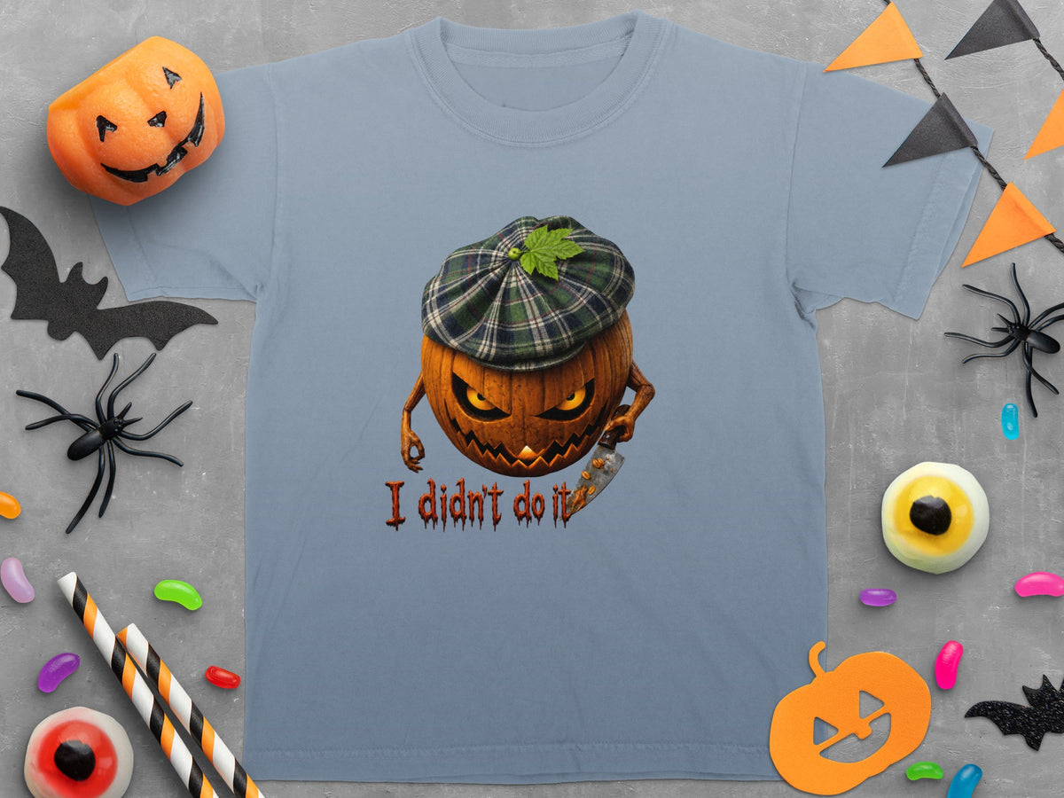 Halloween t-shirt with jack-o'-lantern wearing a plaid cap, holding a knife, text reads "I didn't do it".