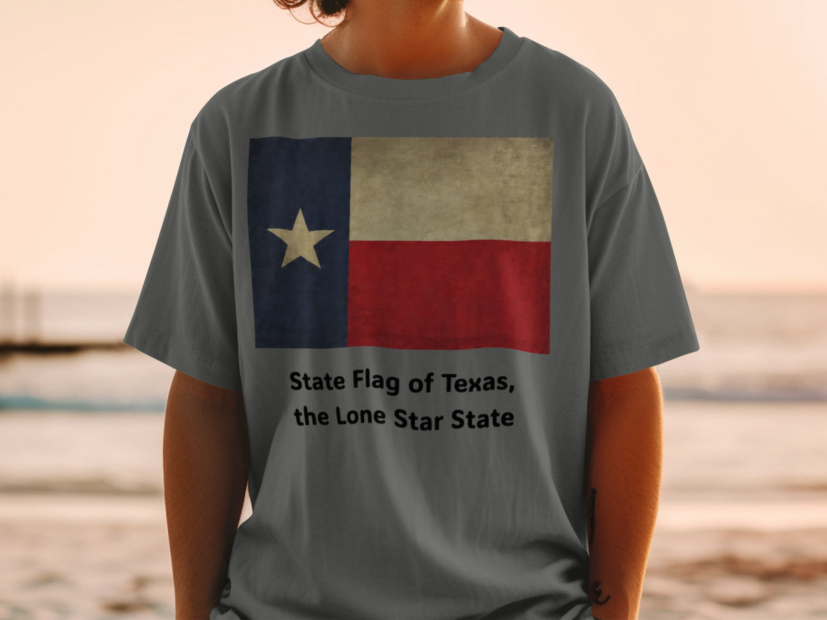 Gray t-shirt with Texas flag and "State Flag of Texas, the Lone Star State" text.