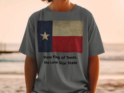 Gray t-shirt with Texas flag and "State Flag of Texas, the Lone Star State" text.