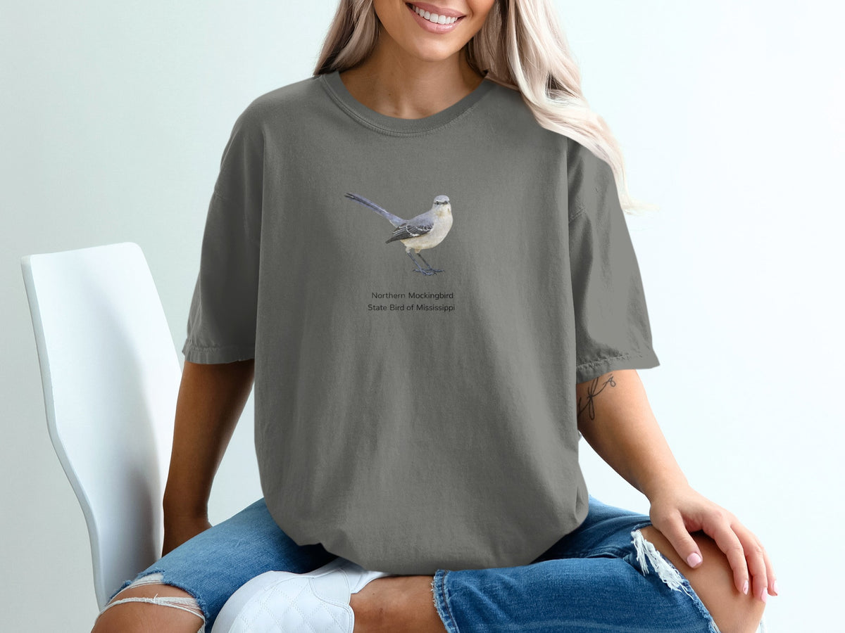 Gray t-shirt with Northern Mockingbird and text "State Bird of Mississippi."