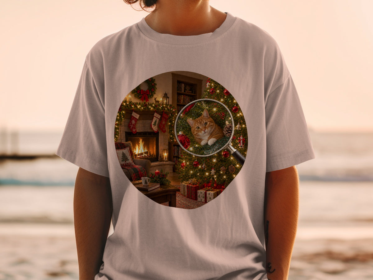 Magnifying glass over orange cat near Christmas tree by fireplace with gifts.