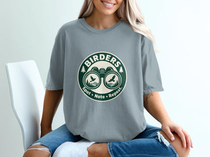 Birders graphic with binoculars and birds, text "Birders Spot Note Repeat."