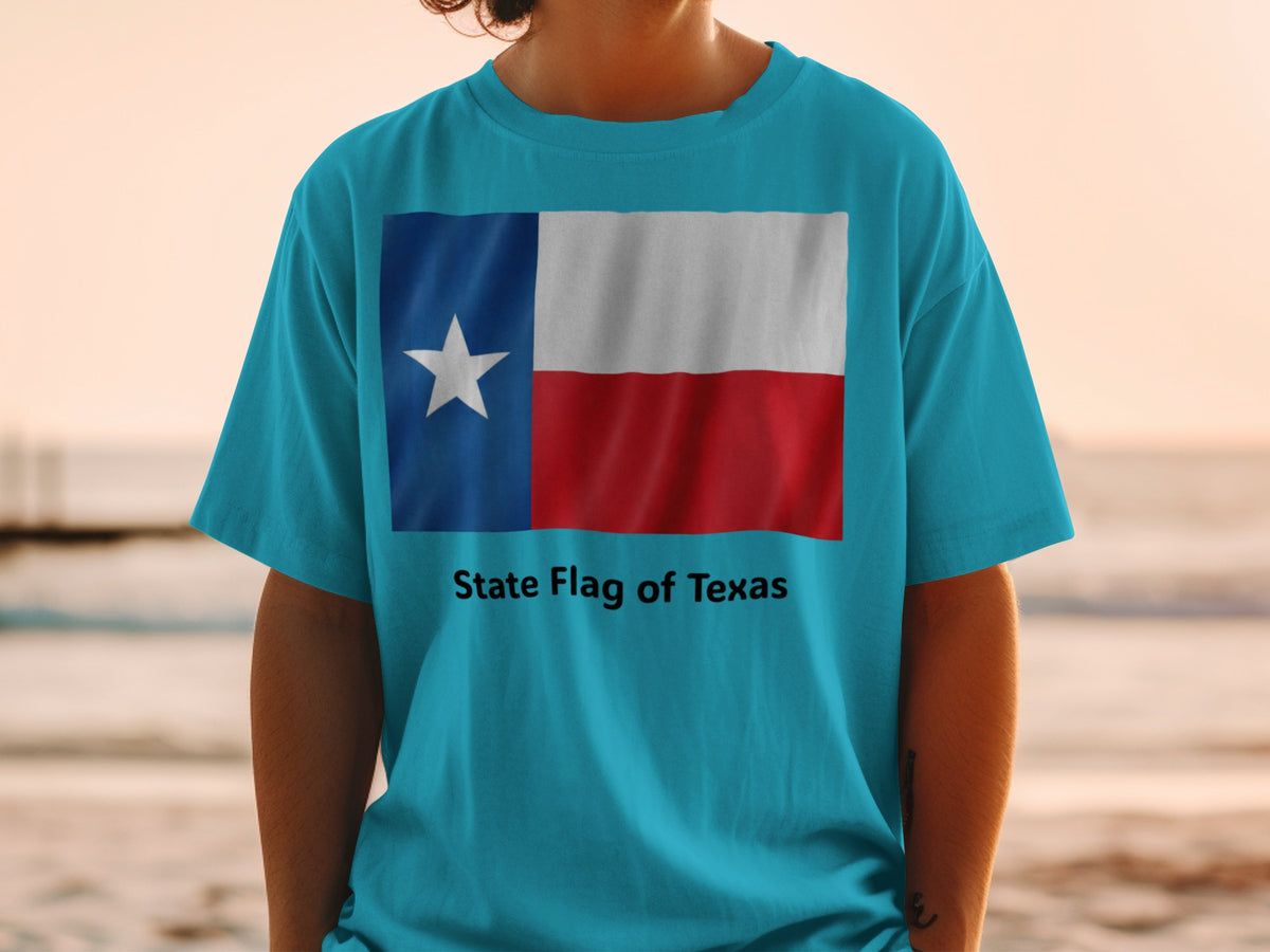 Turquoise t-shirt with the Texas state flag and text "State Flag of Texas".