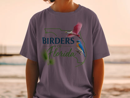 Shirt with "Birders of Florida" text, outline of Florida, and two birds.