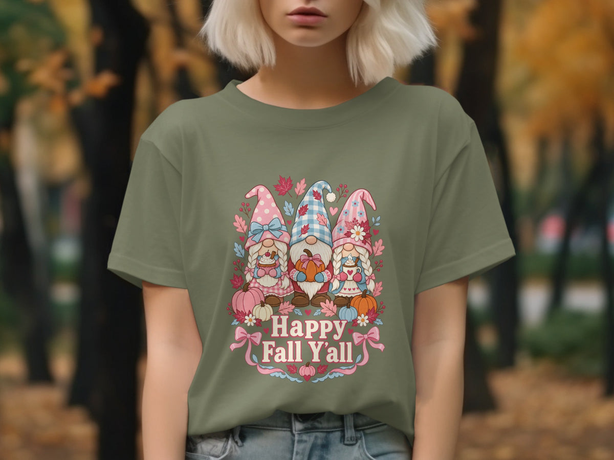 Green t-shirt with three gnomes and "Happy Fall Y'all" text.