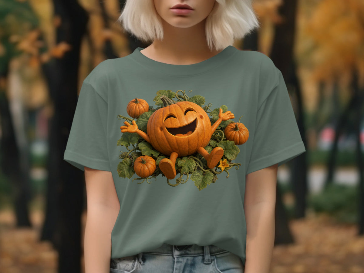 Green t-shirt with a smiling cartoon pumpkin and surrounding smaller pumpkins.