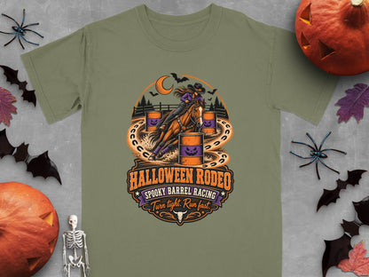 Halloween Rodeo t-shirt with spooky barrel racing graphic and text.