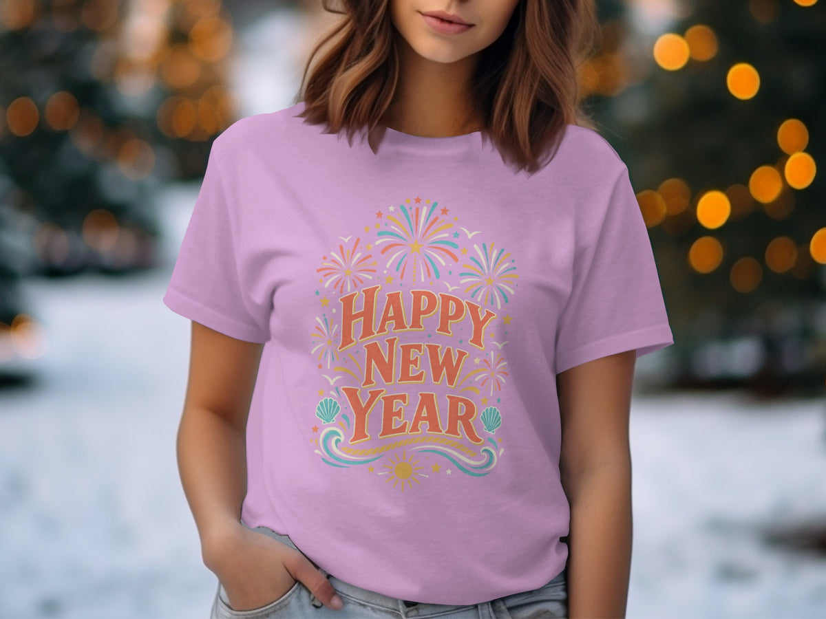 Lavender t-shirt with "Happy New Year" text and fireworks graphic.