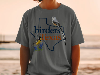 Texas outline with "birders of Texas" text and two birds, one with bluebonnets.