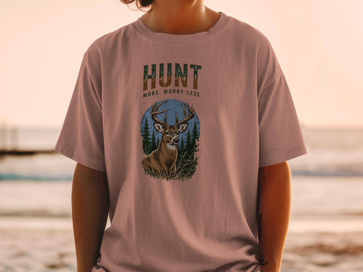 T-shirt with text "HUNT MORE, WORRY LESS" and illustration of a deer.