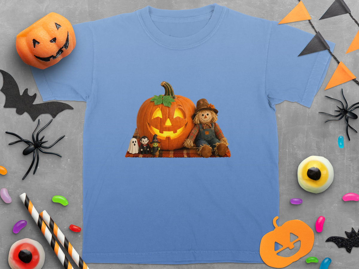 Blue t-shirt with jack-o'-lantern, scarecrow, and small Halloween figures.