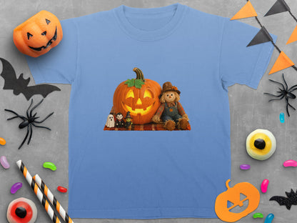 Blue t-shirt with jack-o'-lantern, scarecrow, and small Halloween figures.