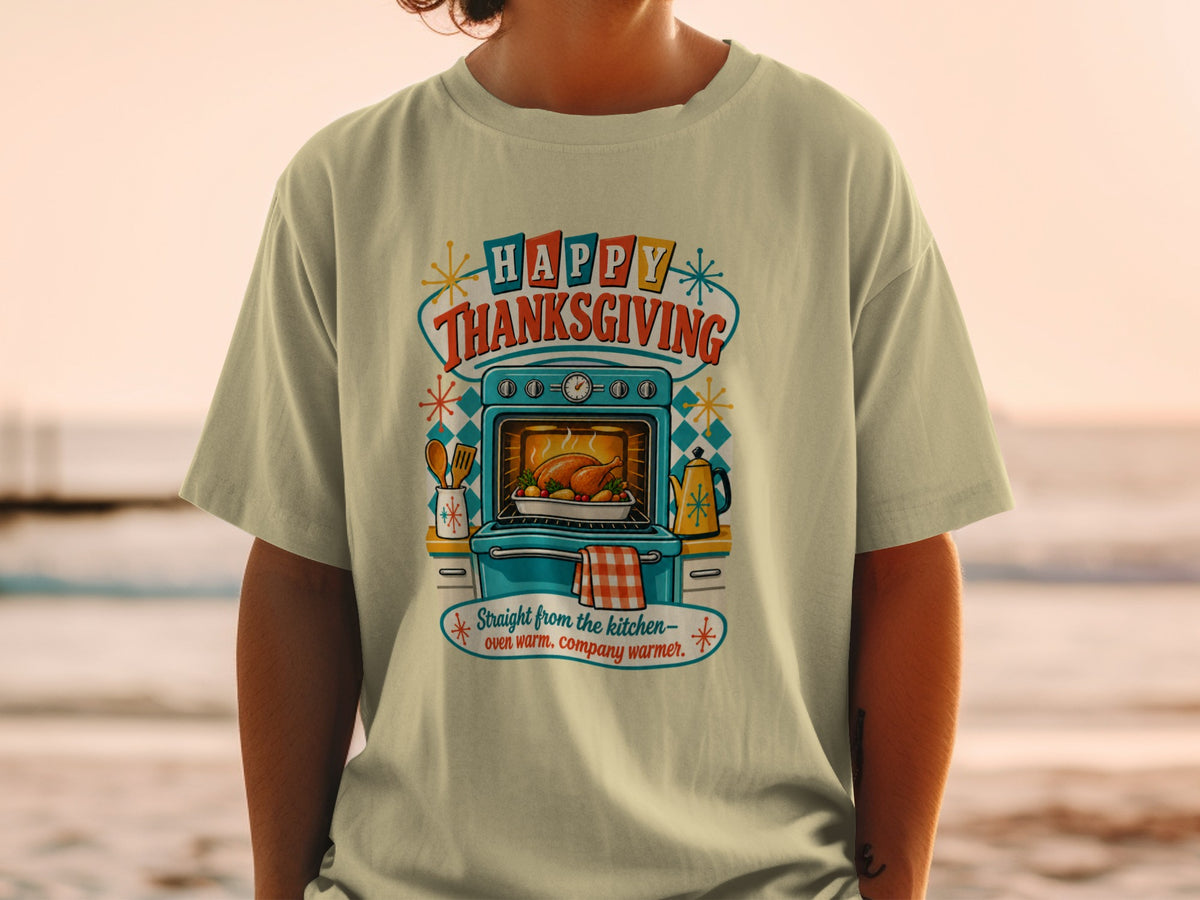 Happy Thanksgiving text above an oven with a turkey, accompanied by kitchen items.