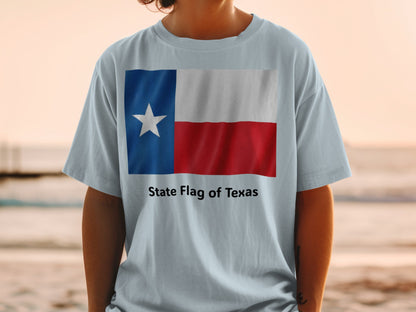 Light blue t-shirt with the State Flag of Texas design and text.