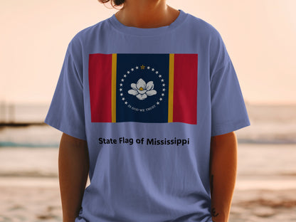 T-shirt with Mississippi state flag design and text "State Flag of Mississippi".