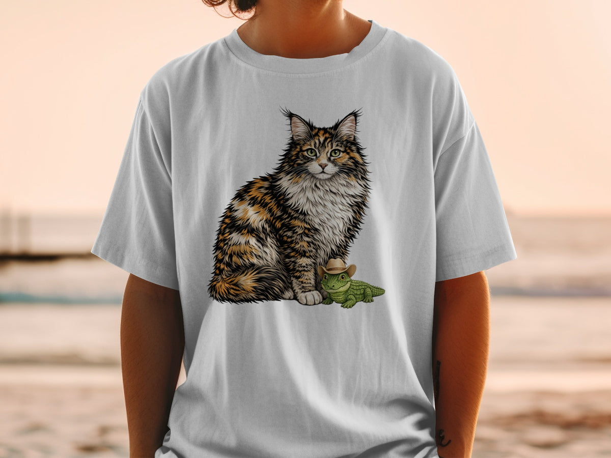 A light grey t-shirt featuring a graphic of a calico cat sitting beside a small alligator wearing a cowboy hat.