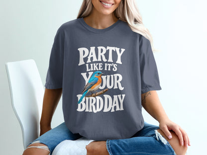 T-shirt with "Party Like It's Your Bird Day" text and a blue bird.