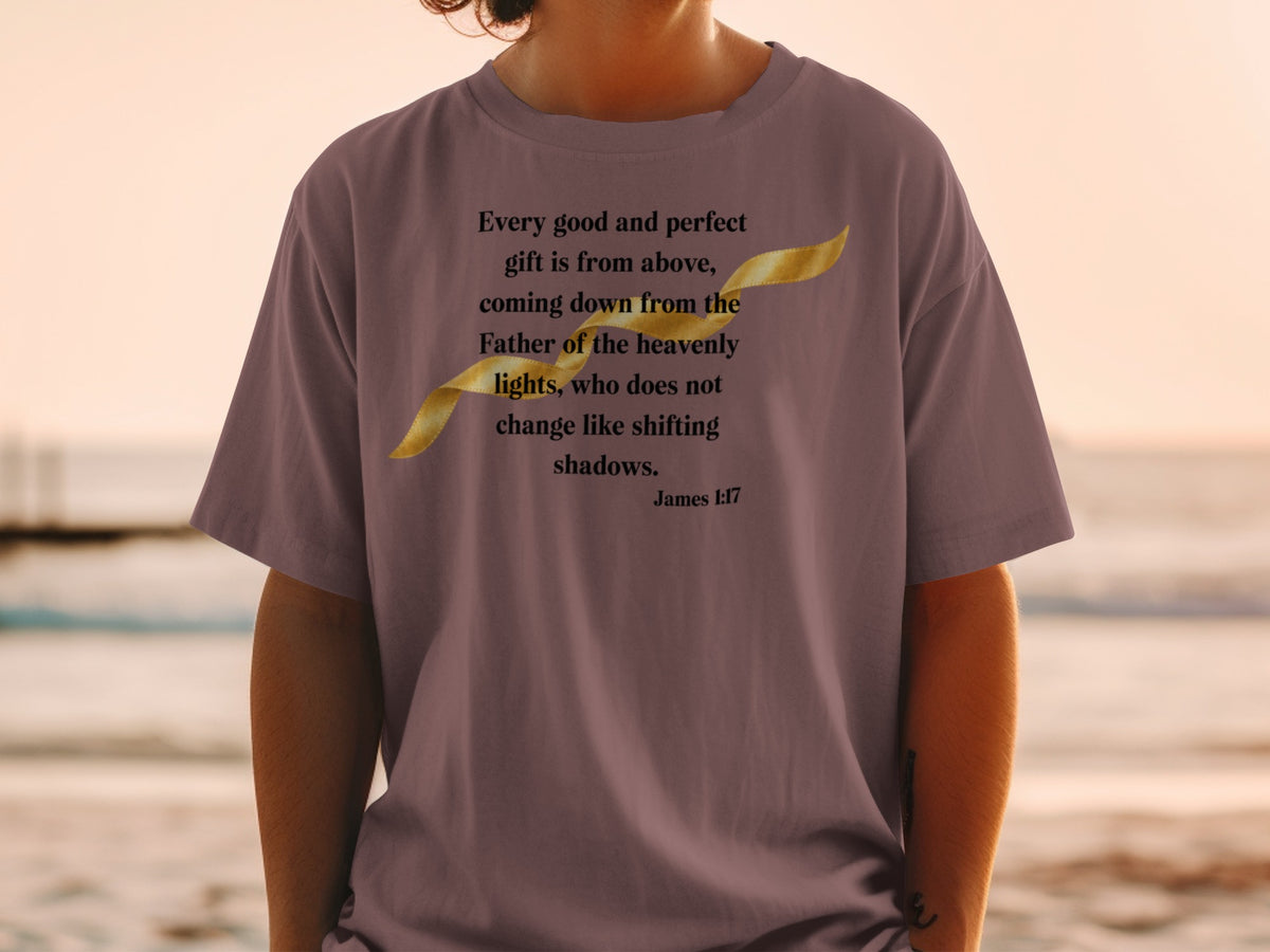T-shirt with James 1:17 scripture and golden ribbon design.
