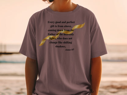 T-shirt with James 1:17 scripture and golden ribbon design.
