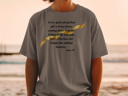 Gray t-shirt with "Every good and perfect gift is from above" and James 1:17.