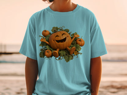 Joyful cartoon pumpkin with arms and legs, surrounded by smaller pumpkins and leaves.