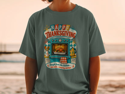 Happy Thanksgiving text with a roasted turkey in an oven and kitchenware.