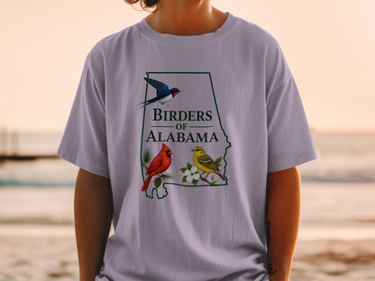 T-shirt graphic: Alabama outline with "Birders of Alabama" and three illustrated birds.