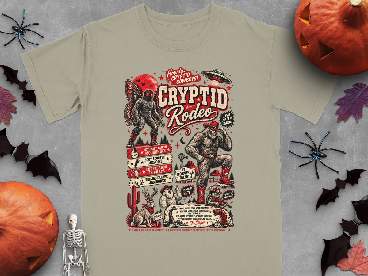 Cryptid Rodeo graphic with Bigfoot, Mothman, Yeti, Chupacabra, Jackalope, and Frogman.