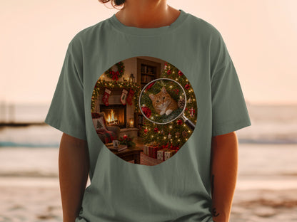 Orange tabby cat peeking through magnifying glass at Christmas tree and fireplace scene.
