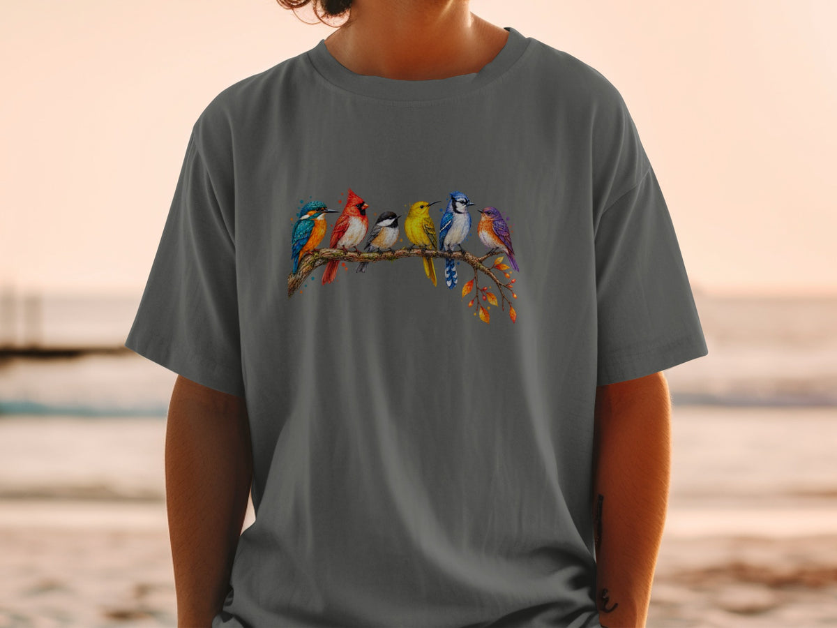 Six colorful birds perched on a branch with autumn leaves graphic.