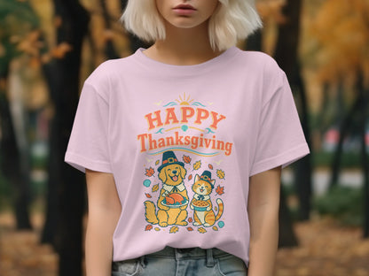 Pink t-shirt with "Happy Thanksgiving" text and illustration of a dog and cat.