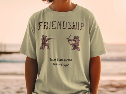 T-shirt with "Friendship" text, cowboy and Native American figures, and Texas motto.