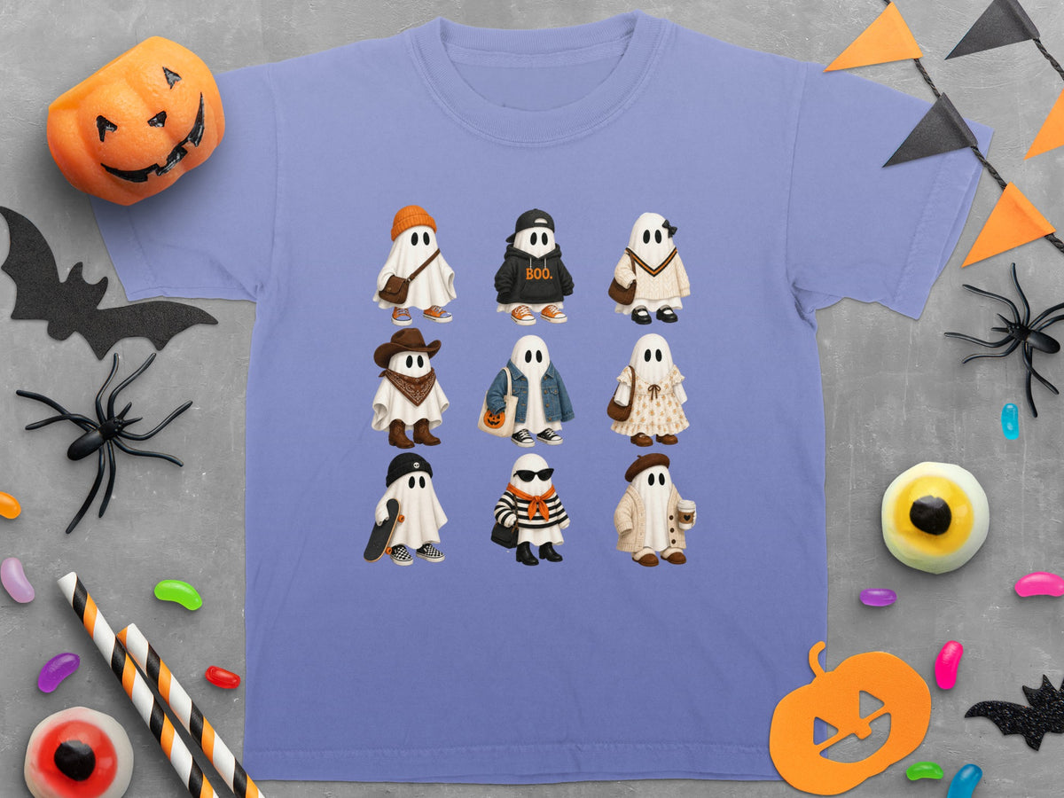 T-shirt with nine illustrated ghosts in various Halloween-themed outfits.