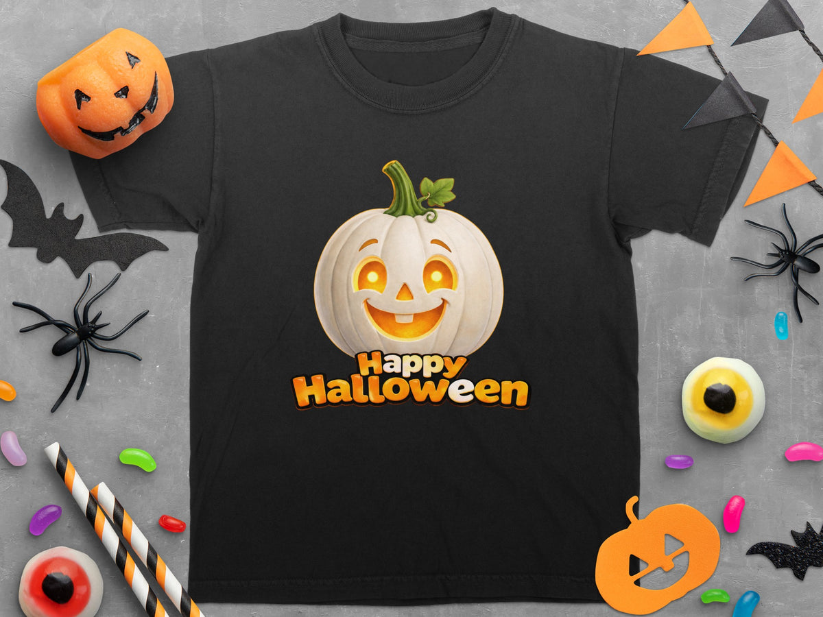 Black t-shirt with white pumpkin and "Happy Halloween" text.