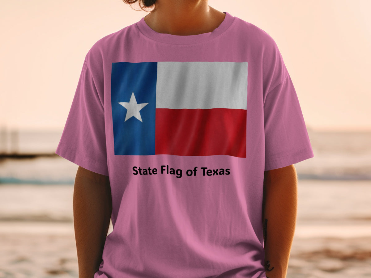 Pink t-shirt featuring the Texas state flag and "State Flag of Texas" text.