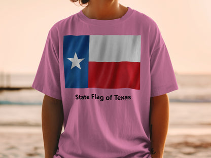 Pink t-shirt featuring the Texas state flag and "State Flag of Texas" text.