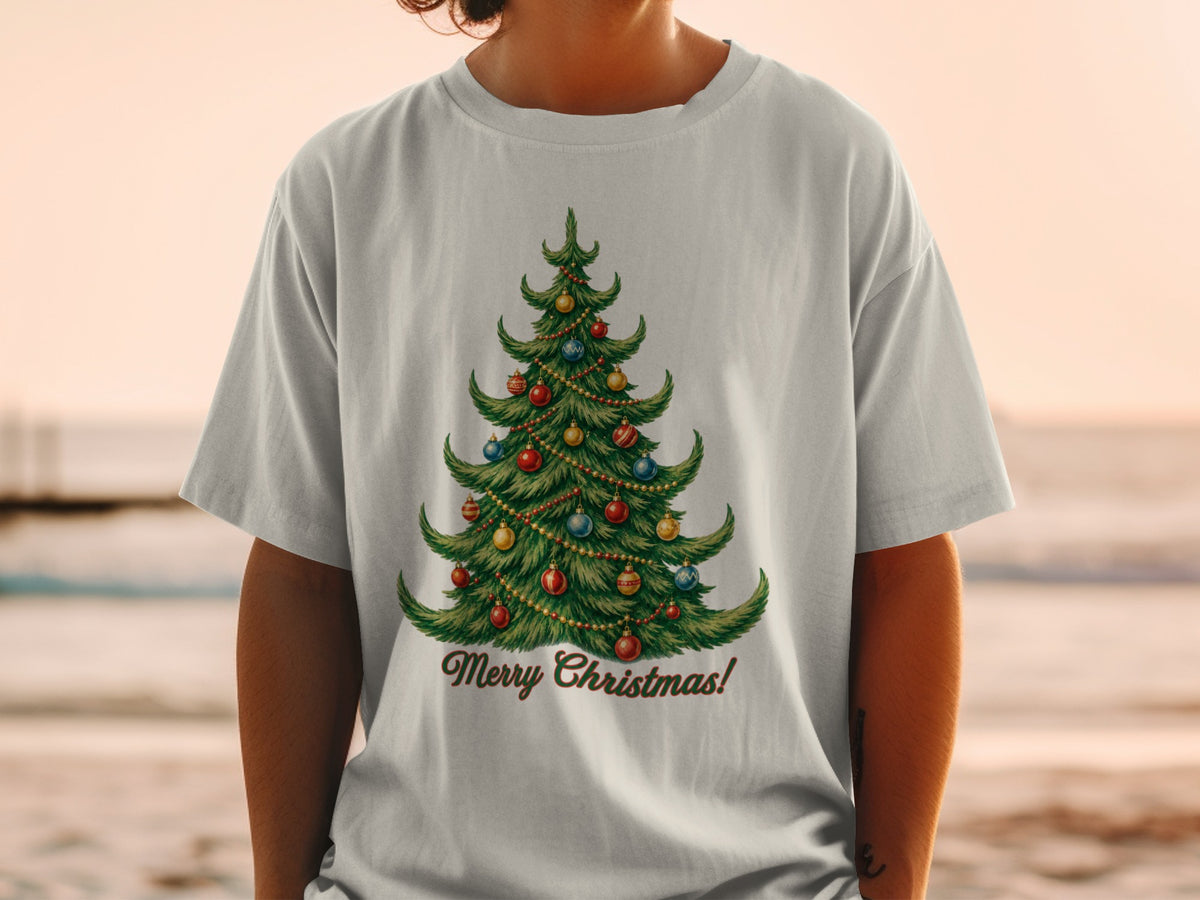 White t-shirt with a vintage Christmas tree graphic and "Merry Christmas!" text.