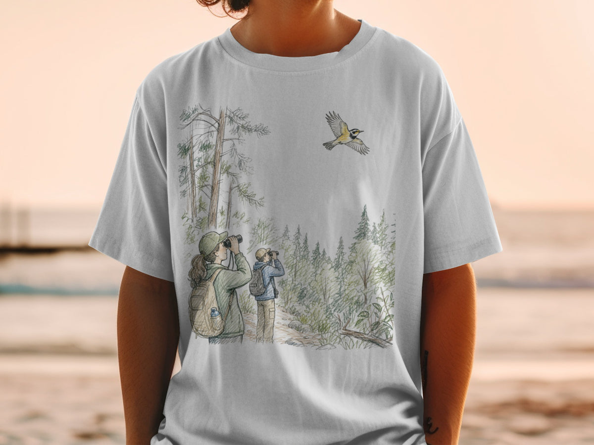 Illustration of birdwatchers in a forest with a bird flying above.