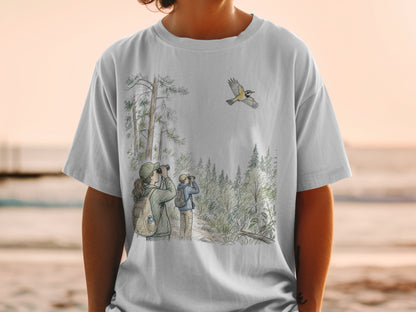 Illustration of birdwatchers in a forest with a bird flying above.